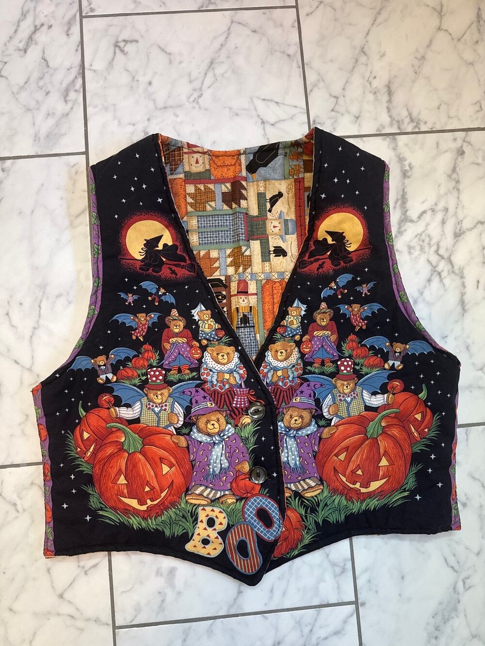 Vintage Handmade Halloween Quilted Reversible Vest Womens sz M / L